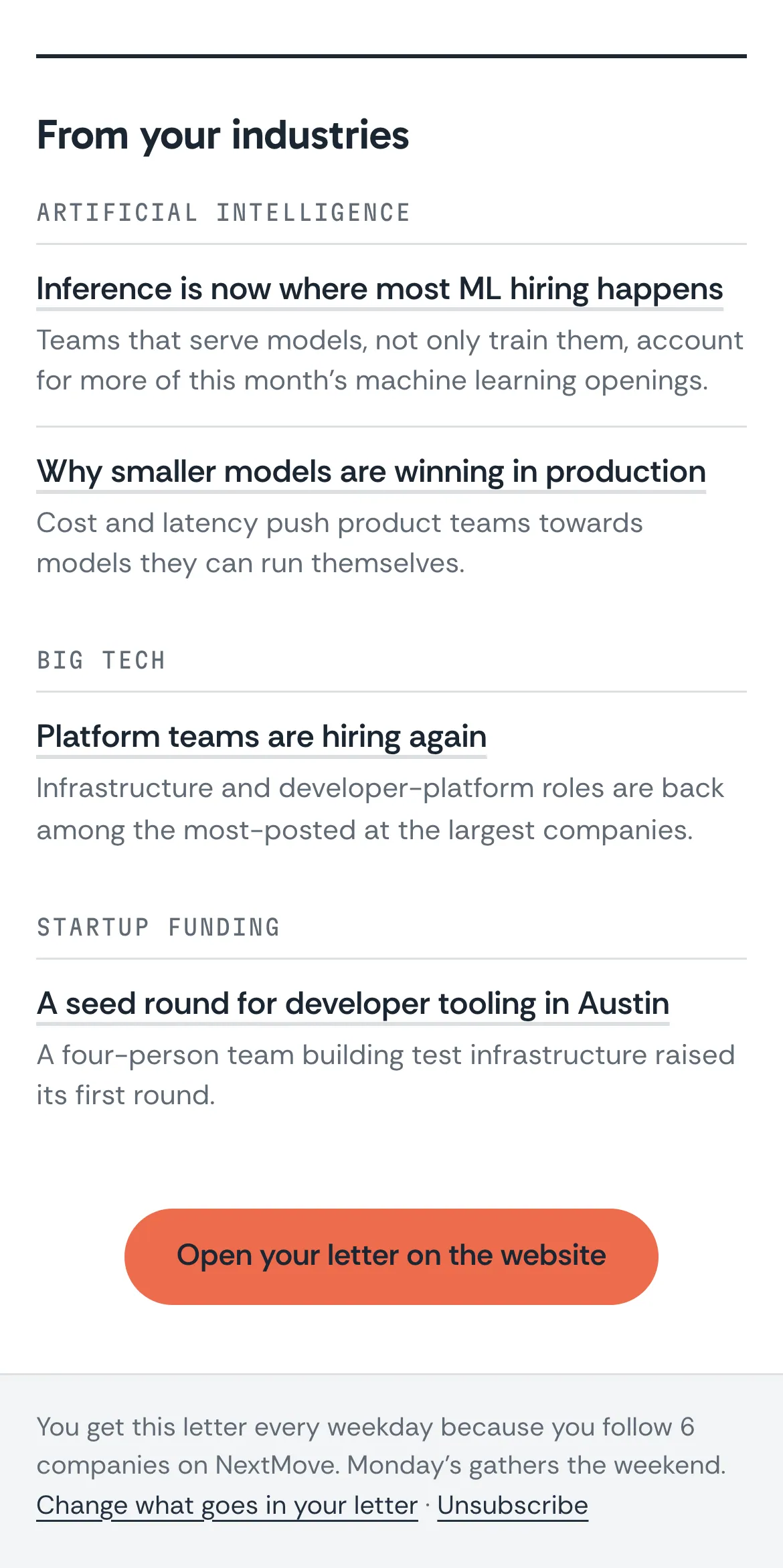 The end of the same email on a phone: the news from the reader’s industries, startup funding news, a button to open the letter on the website and links to change the letter or unsubscribe