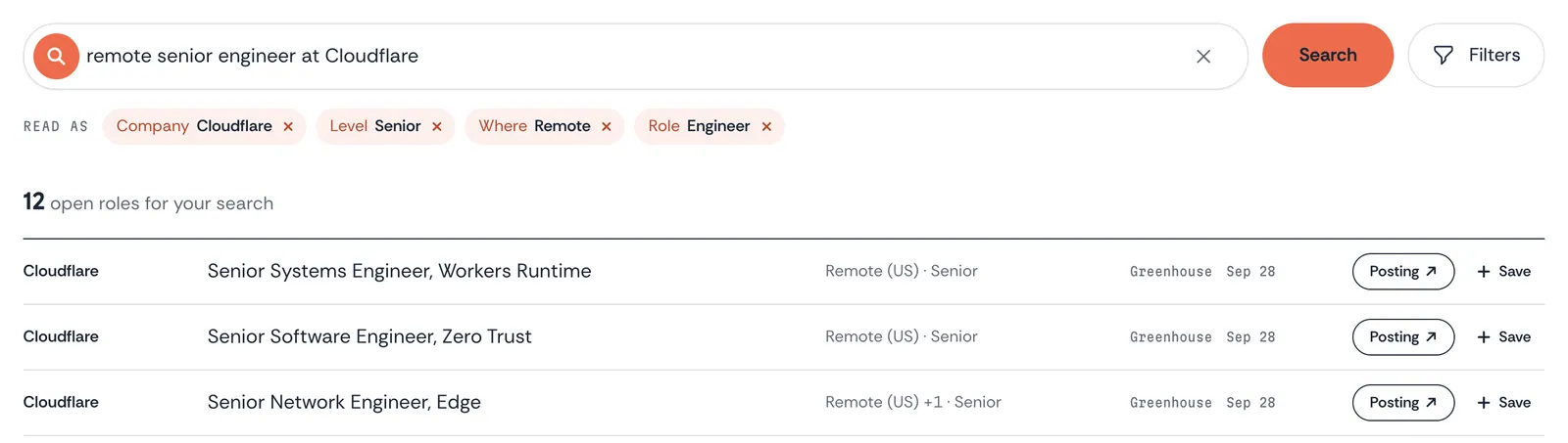 Explore’s search field reading “remote senior engineer at Cloudflare”, read as four filters: Company Cloudflare, Level Senior, Where Remote and Role Engineer; below them, 12 open roles for the search, starting with Cloudflare’s Senior Systems Engineer, Workers Runtime