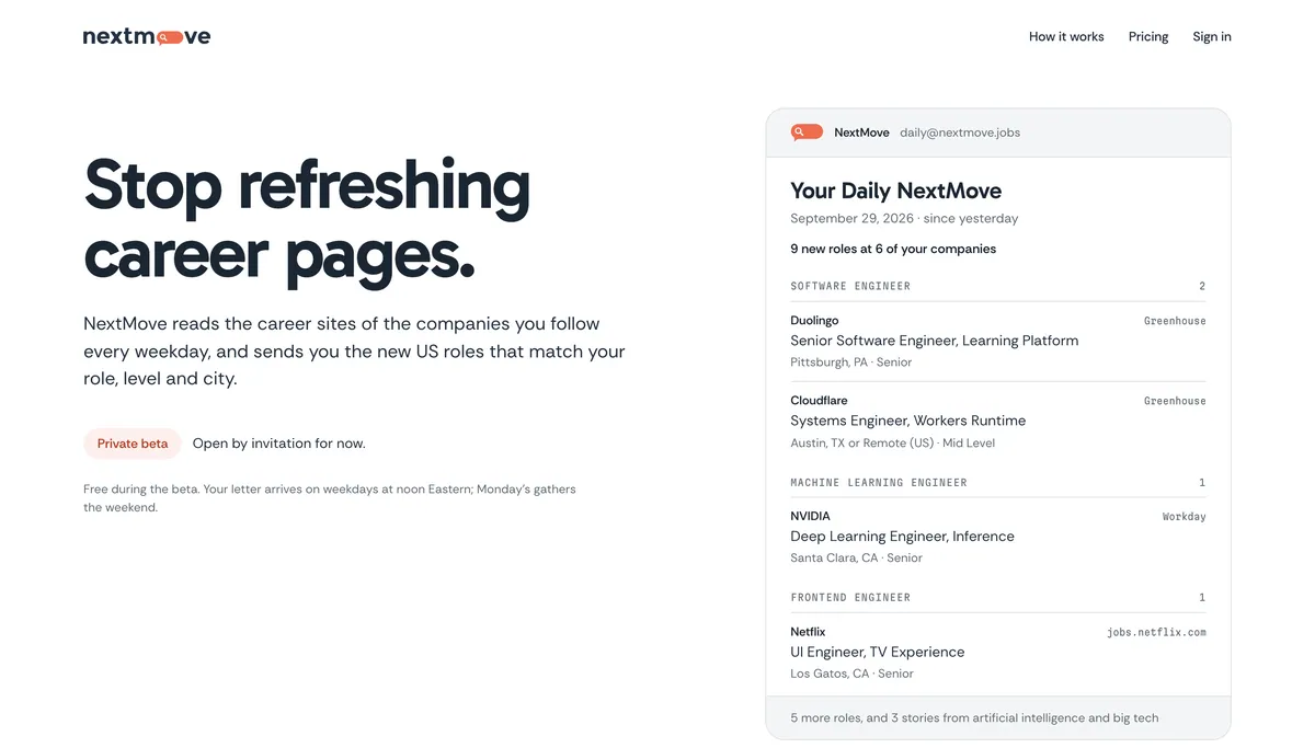NextMove’s landing page, with the headline “Stop refreshing career pages.” beside a sample letter