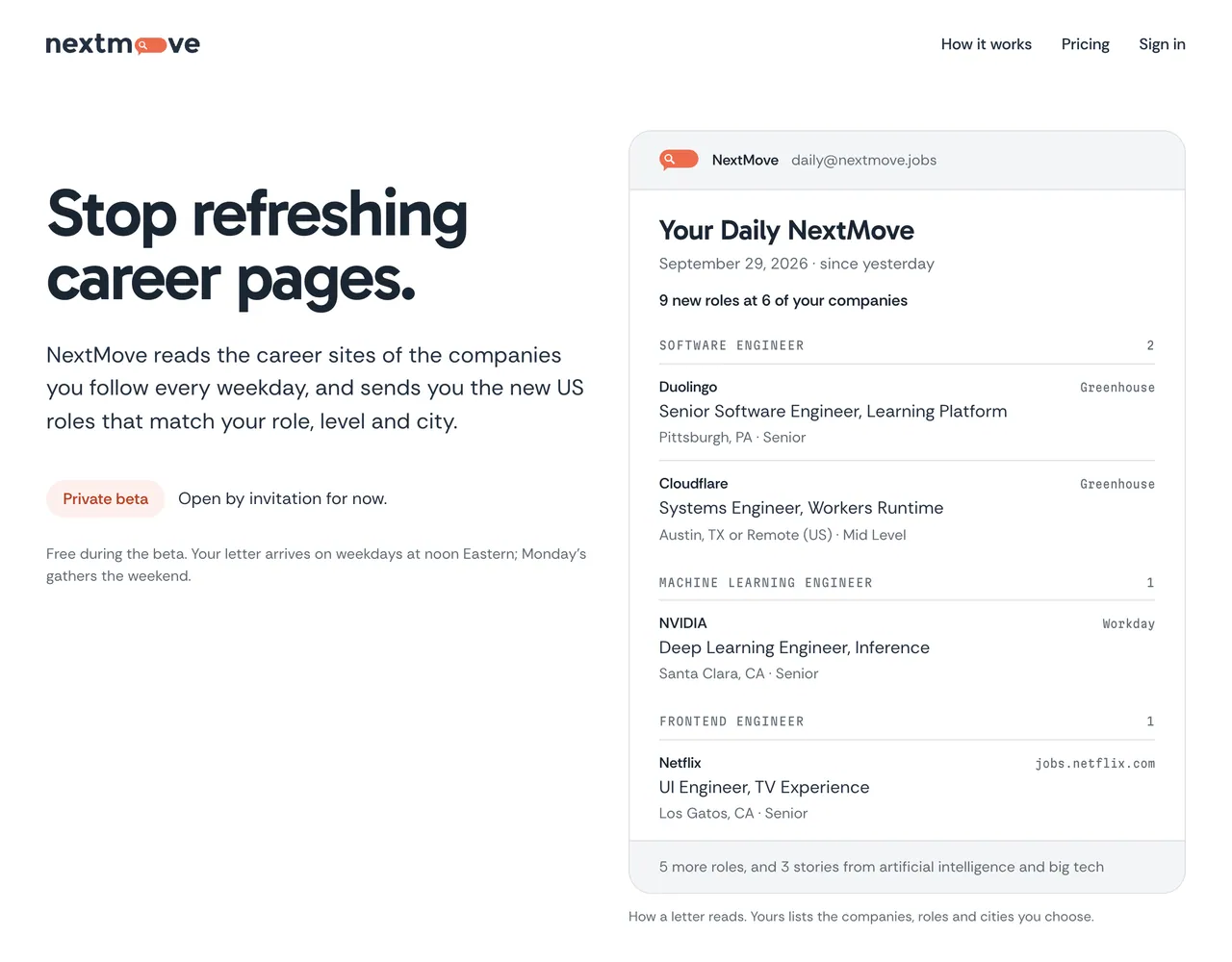 NextMove: NextMove’s landing page, with the headline beside a sample letter