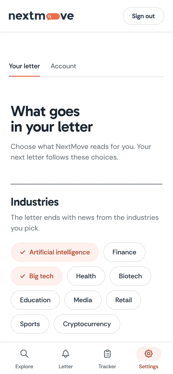 Settings on a phone, where the reader picks industries